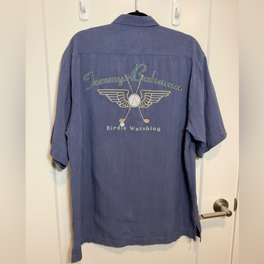 Tommy Bahama Silk Camp Shirt Blue Birdie Watching Golf Mens M
